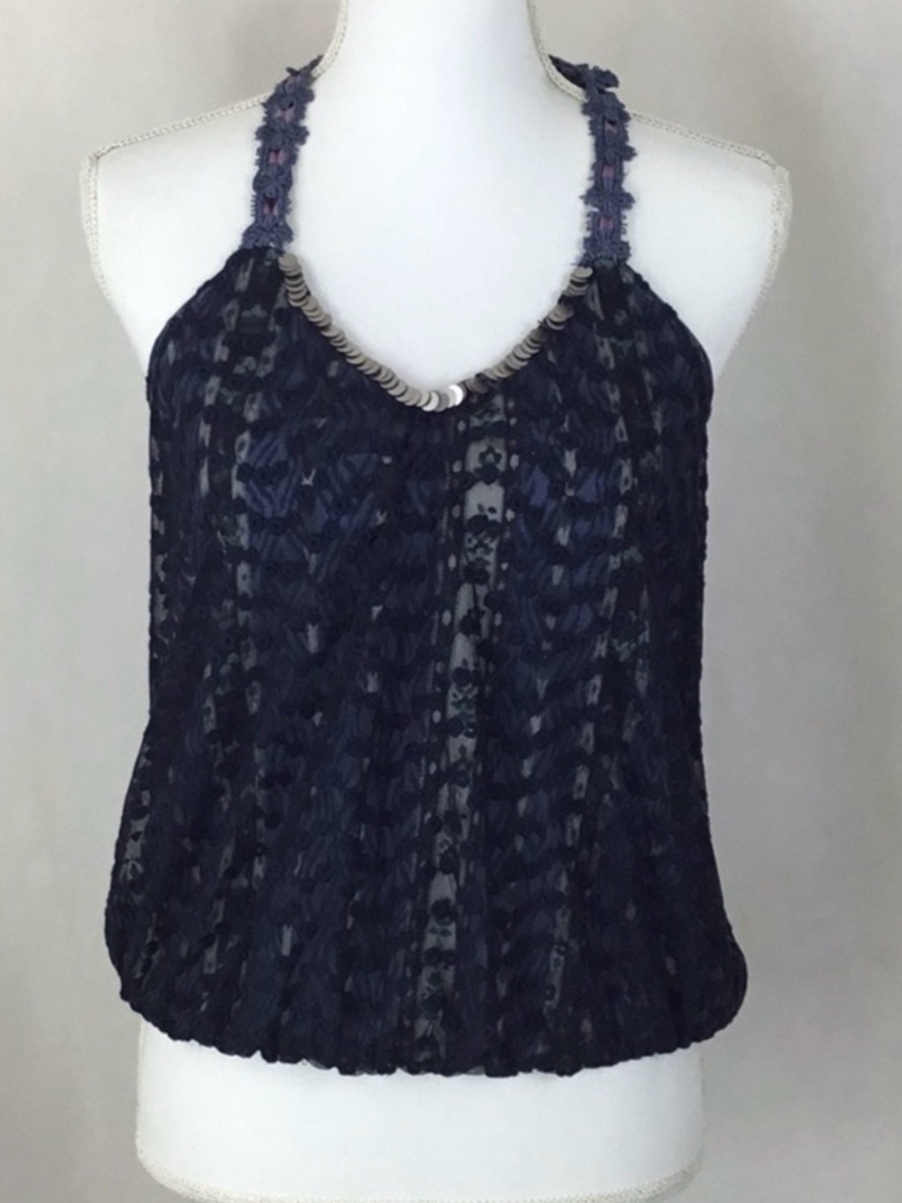 Free People Dark Navy Lace Halter Cami with Braided Straps